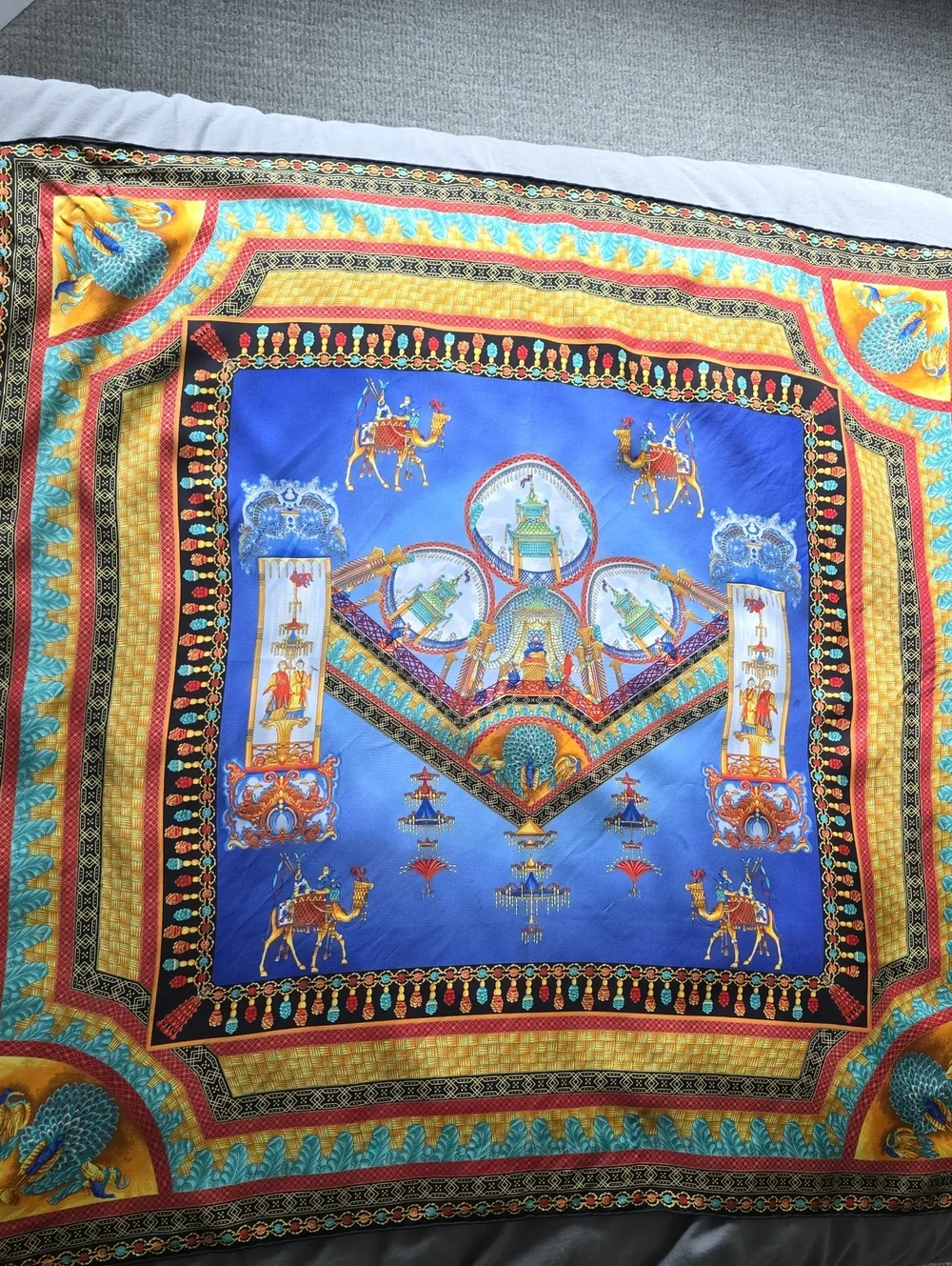 Versace Luxury Silk-Style Home Wall Decor Scarf in Blue and Gold